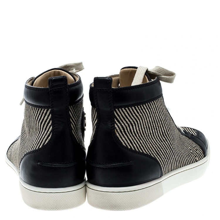 Pre Owned Christian Louboutin Beige/Black Straw and Leather Rantus Sneakers Size 41.5