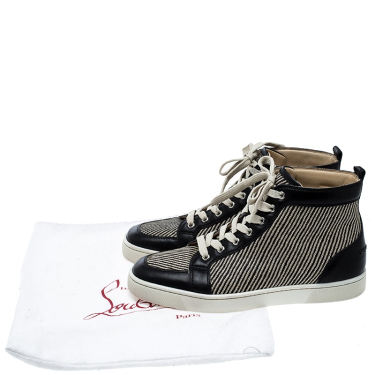 Pre Owned Christian Louboutin Beige/Black Straw and Leather Rantus Sneakers Size 41.5