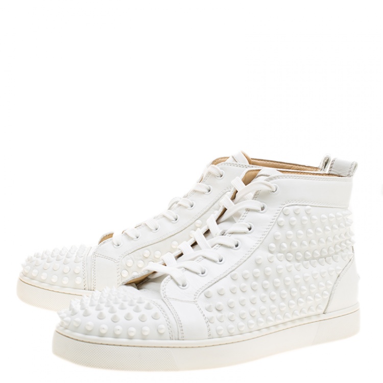 Pre Owned Christian Louboutin White Leather Louis Spikes Lace Up High Top Sneakers Size 44