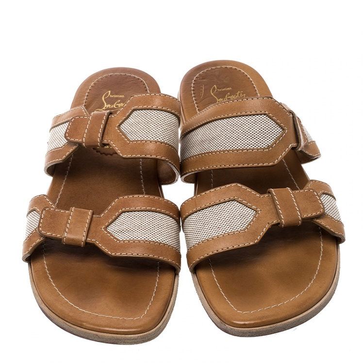 Pre Owned Christian Louboutin Brown Leather Ours Flat Mastic Sandals Size 43