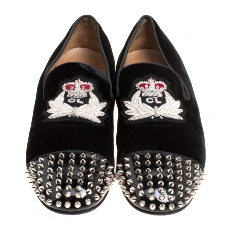 Pre Owned Christian Louboutin Black Velvet Harvanana Spiked Smoking Slippers Size 45