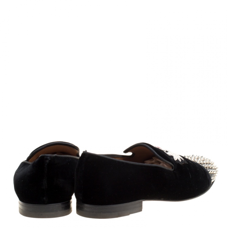 Pre Owned Christian Louboutin Black Velvet Harvanana Spiked Smoking Slippers Size 45