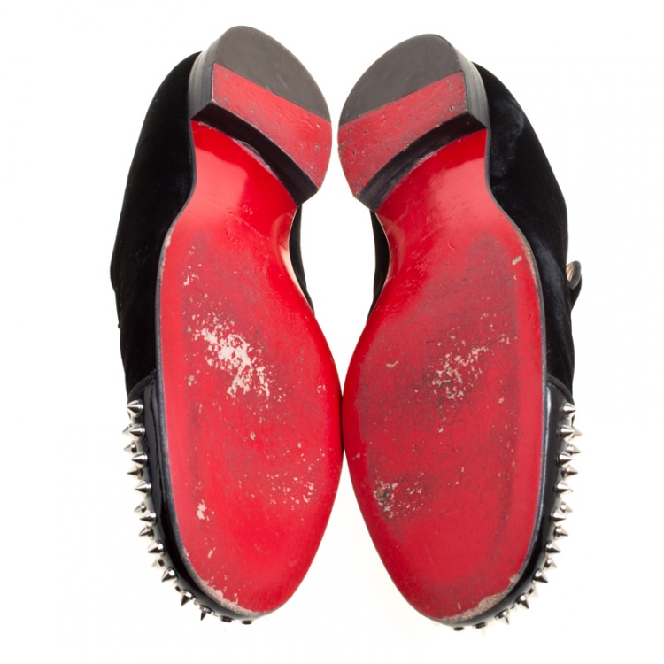 Pre Owned Christian Louboutin Black Velvet Harvanana Spiked Smoking Slippers Size 45