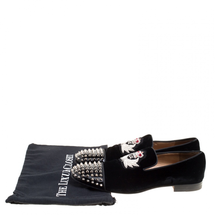 Pre Owned Christian Louboutin Black Velvet Harvanana Spiked Smoking Slippers Size 45