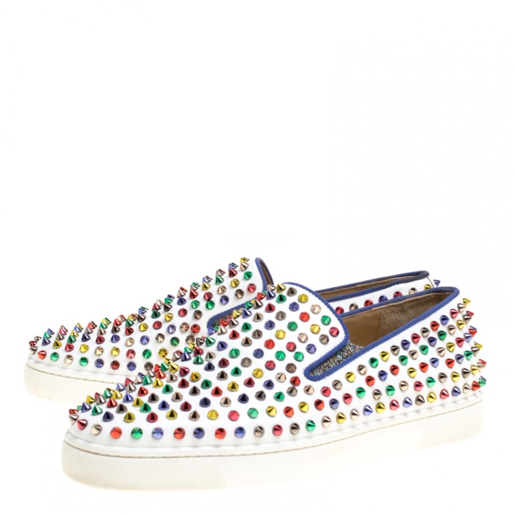 Pre Owned Christian Louboutin White Leather Roller Boat Multicolor Spiked Slip On Sneakers Size 44