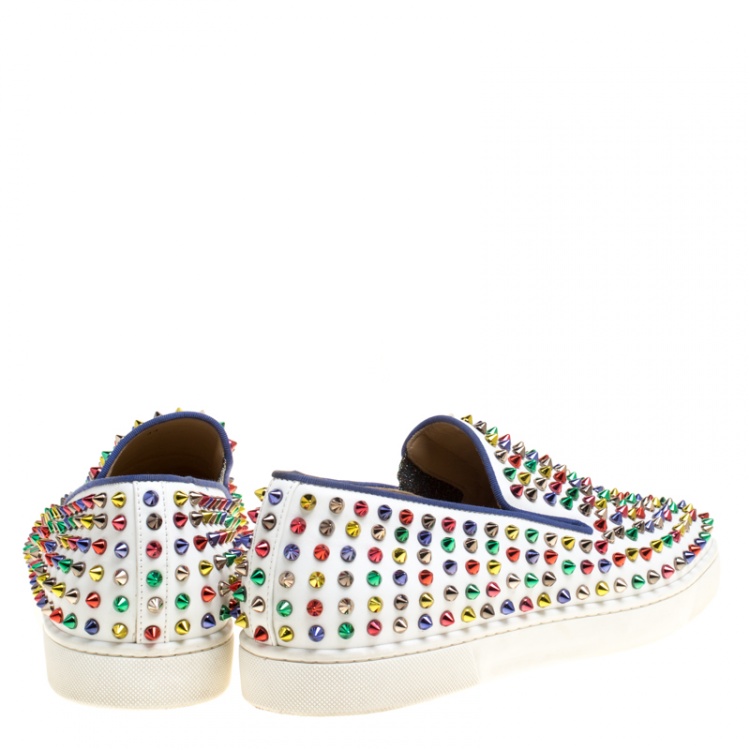 Pre Owned Christian Louboutin White Leather Roller Boat Multicolor Spiked Slip On Sneakers Size 44