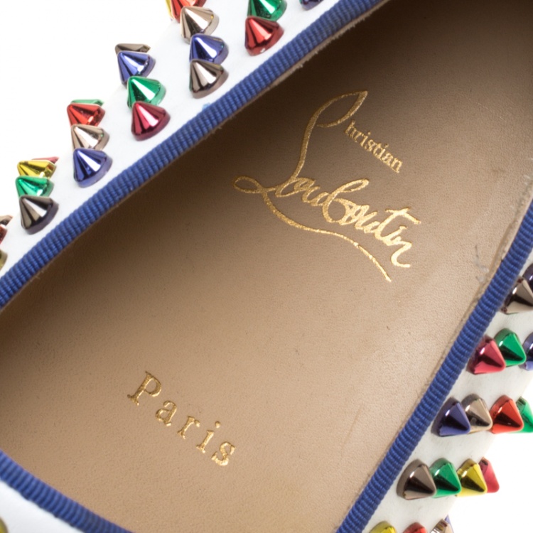 Pre Owned Christian Louboutin White Leather Roller Boat Multicolor Spiked Slip On Sneakers Size 44