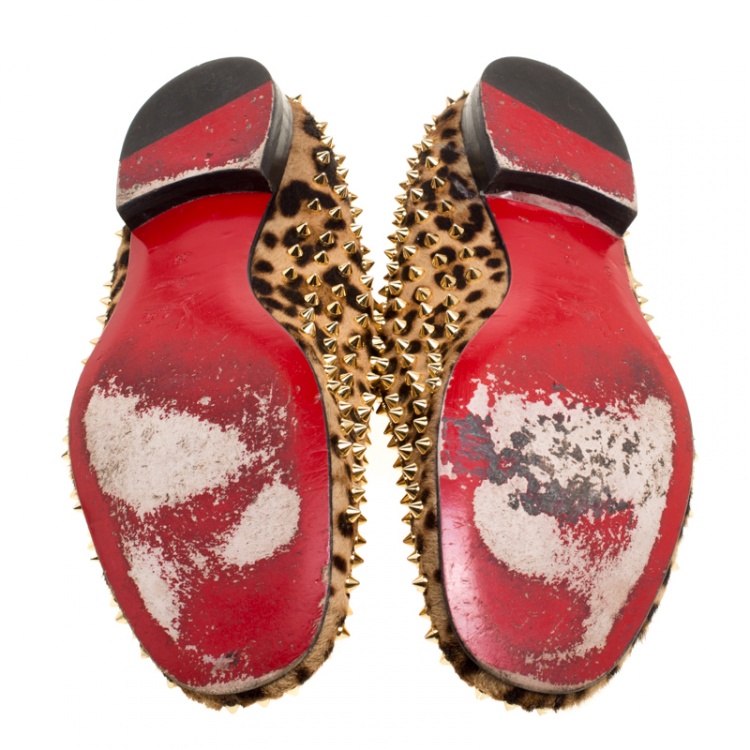 Pre Owned Christian Louboutin Beige Leopard Print Pony Hair Roller Boy Spiked Loafers Size 45