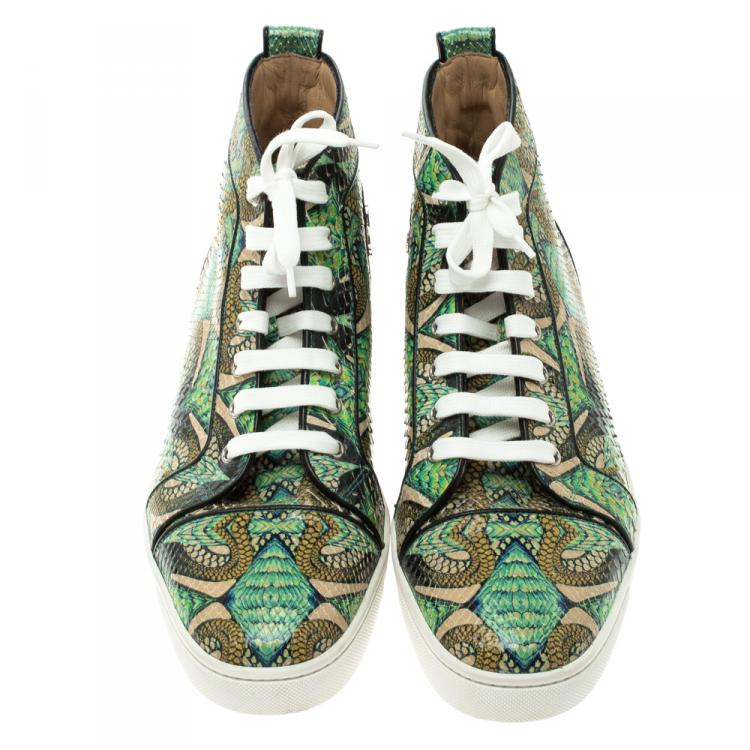 Pre Owned Christian Louboutin Multicolor Hand Painted Python Leather Inferno High Top Sneakers Size 42.5