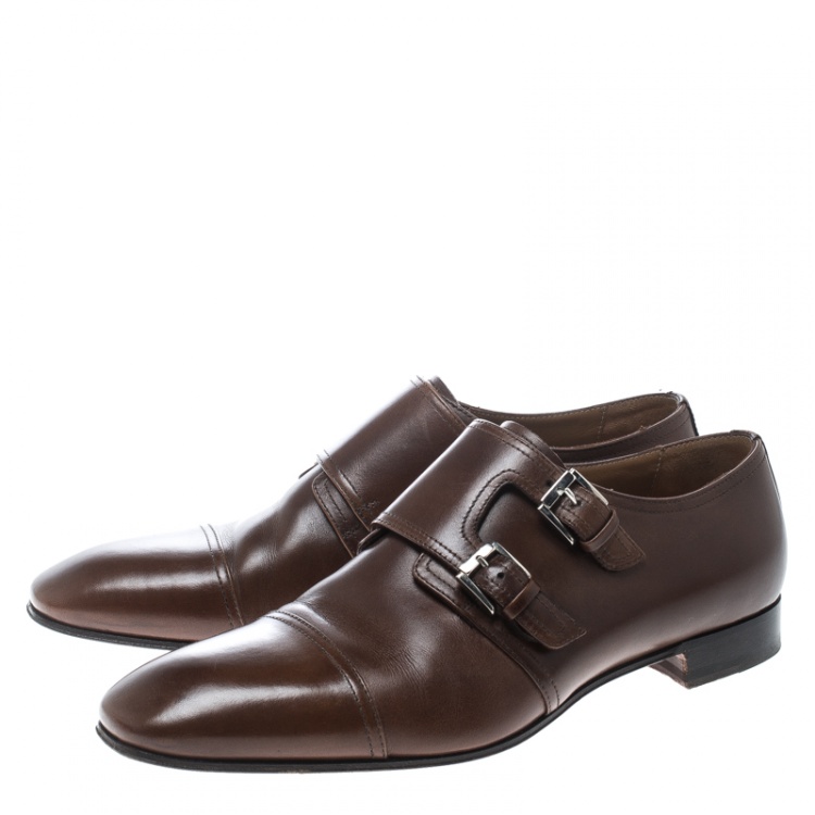 Pre Owned Christian Louboutin Brown Leather Mortimer Double Monk Strap Loafers Size 41.5