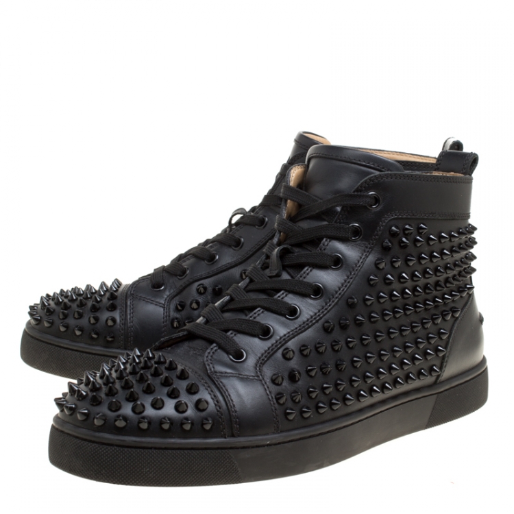 Pre Owned Christian Louboutin Black Leather Louis Spikes High Top Sneakers Size 41.5