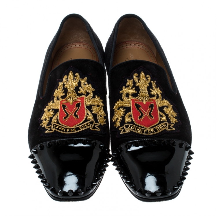 Pre Owned Christian Louboutin Black Suede and Patent Leather Loubi Forever Spike Loafers Size 40