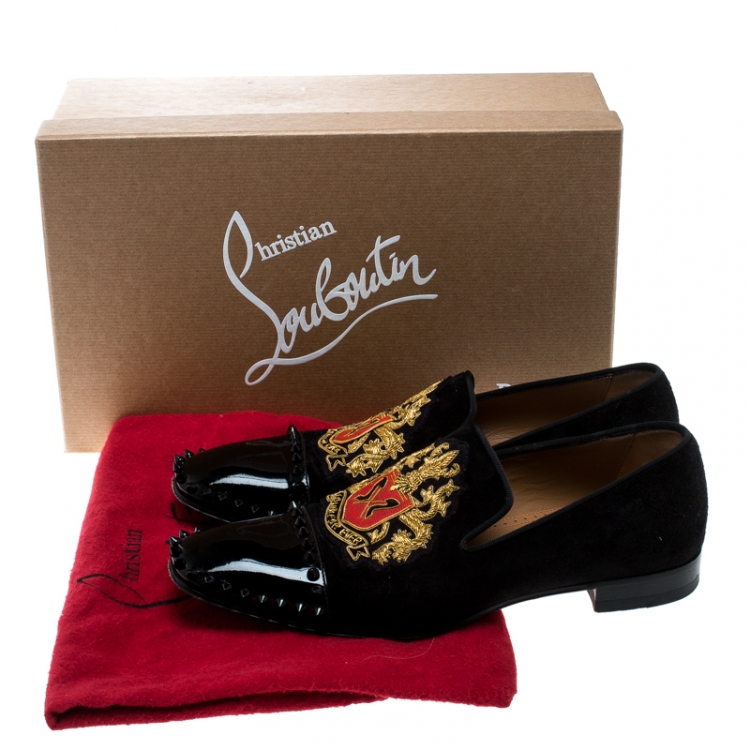 Pre Owned Christian Louboutin Black Suede and Patent Leather Loubi Forever Spike Loafers Size 40