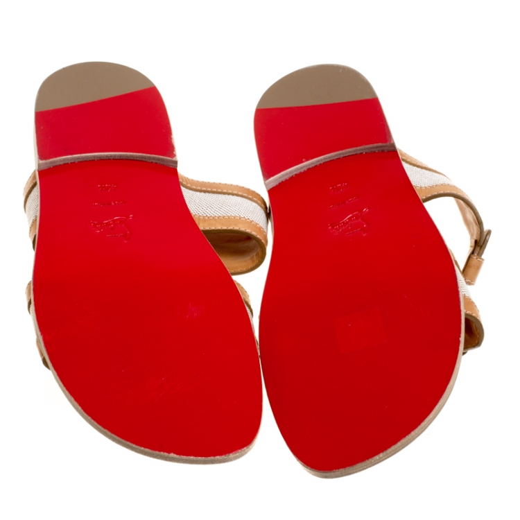 Pre Owned Christian Louboutin Brown Leather And Cotton Blend Ours Flat Mastic Flat Sandals Size 42.5