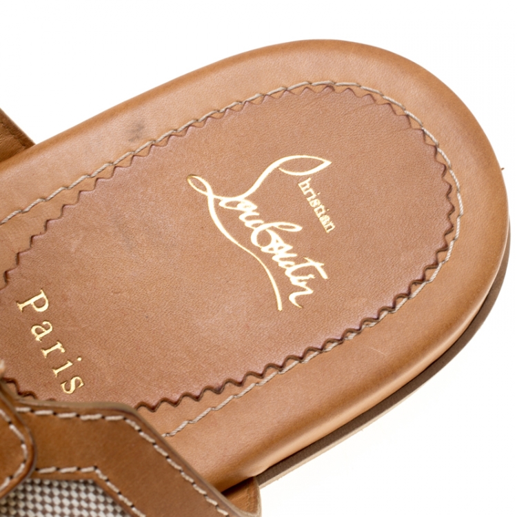 Pre Owned Christian Louboutin Brown Leather And Cotton Blend Ours Flat Mastic Flat Sandals Size 42.5