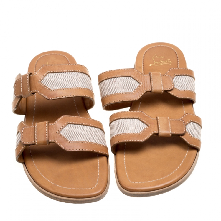 Pre Owned Christian Louboutin Brown Leather And Cotton Blend Ours Flat Mastic Flat Sandals Size 42.5