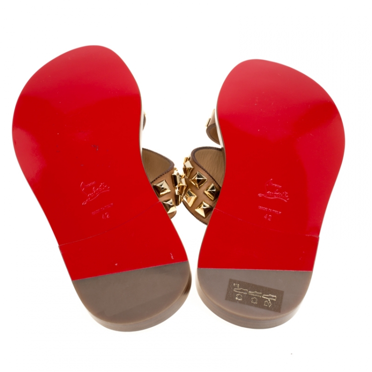 Pre Owned Christian Louboutin Brown Leather Studded Flat Sandals Size 42