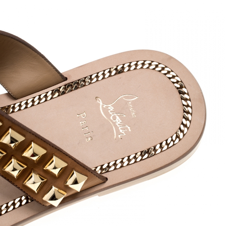 Pre Owned Christian Louboutin Brown Leather Studded Flat Sandals Size 42