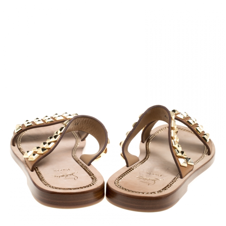 Pre Owned Christian Louboutin Brown Leather Studded Flat Sandals Size 42