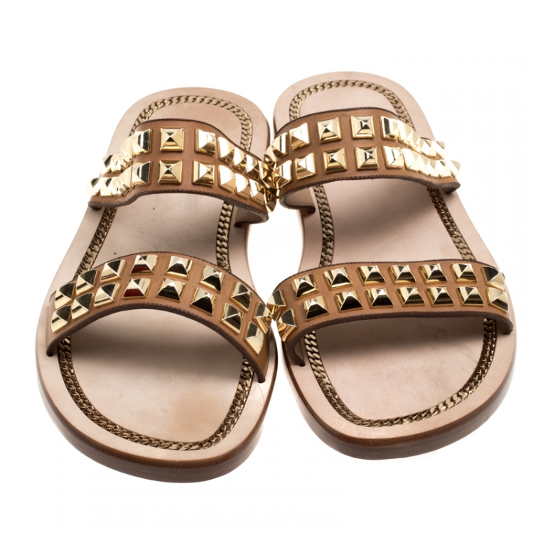 Pre Owned Christian Louboutin Brown Leather Studded Flat Sandals Size 42