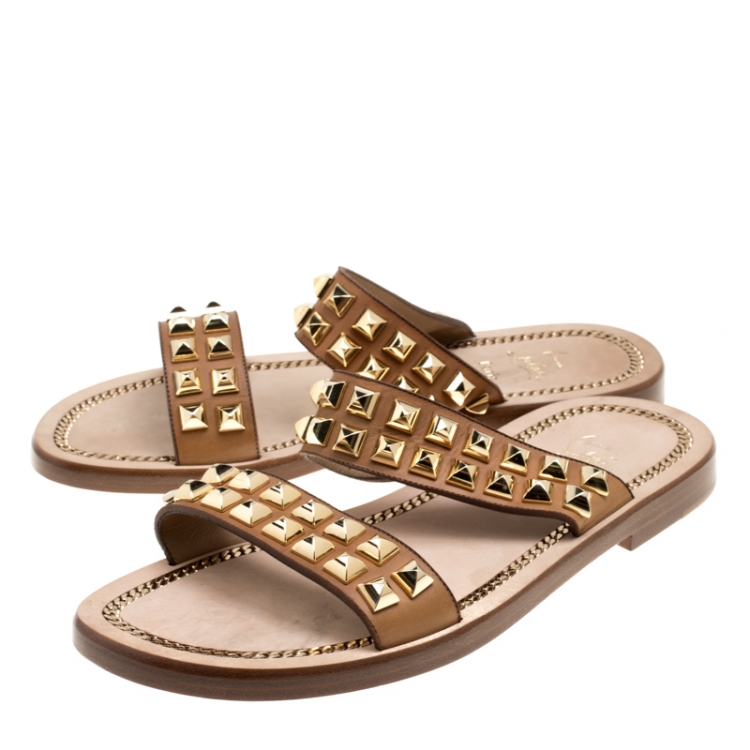 Pre Owned Christian Louboutin Brown Leather Studded Flat Sandals Size 42