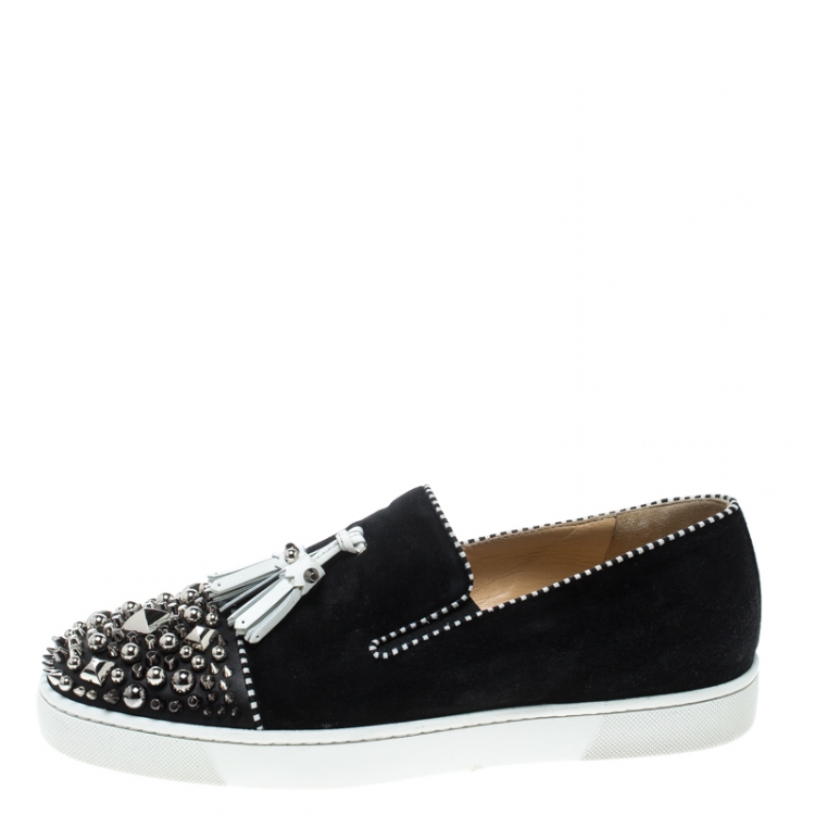 Pre Owned Christian Louboutin Black Suede Spiked Tassel Detail Sneakers Size 42