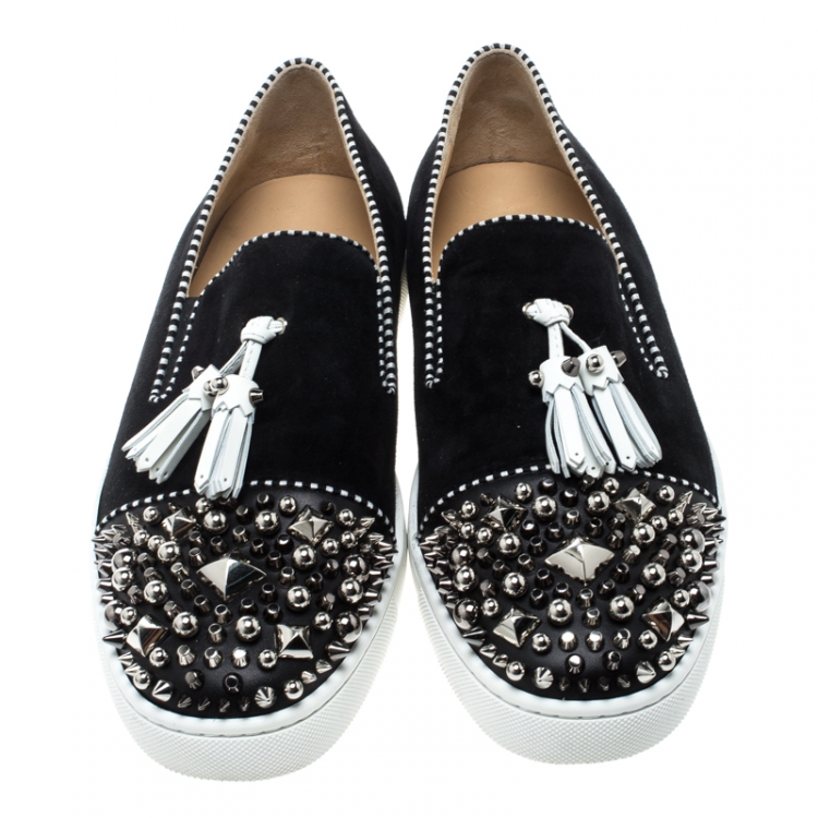 Pre Owned Christian Louboutin Black Suede Spiked Tassel Detail Sneakers Size 42
