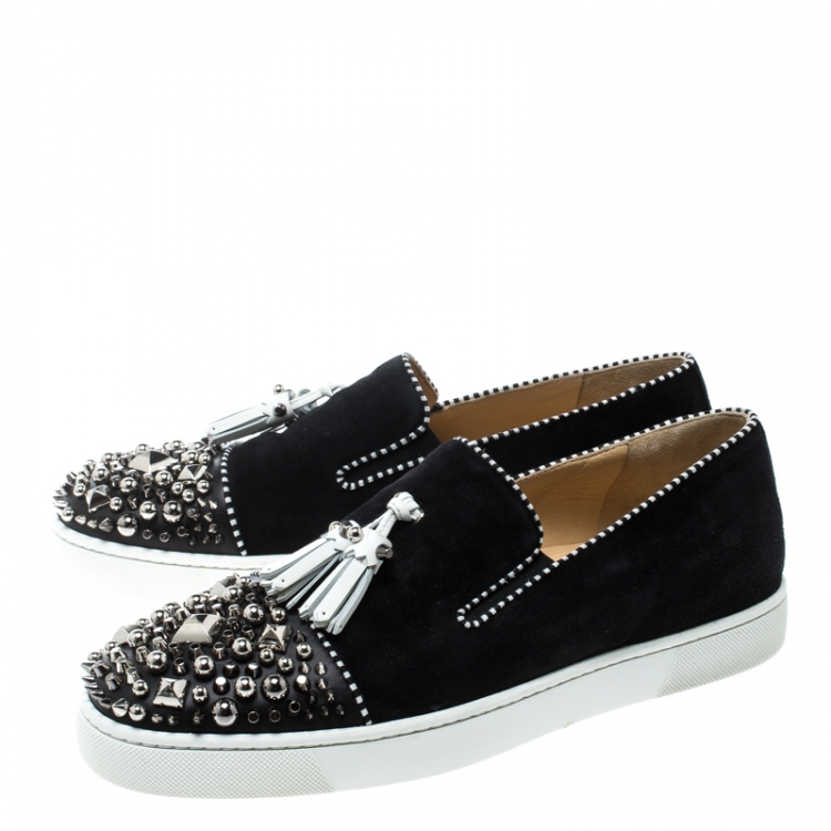Pre Owned Christian Louboutin Black Suede Spiked Tassel Detail Sneakers Size 42
