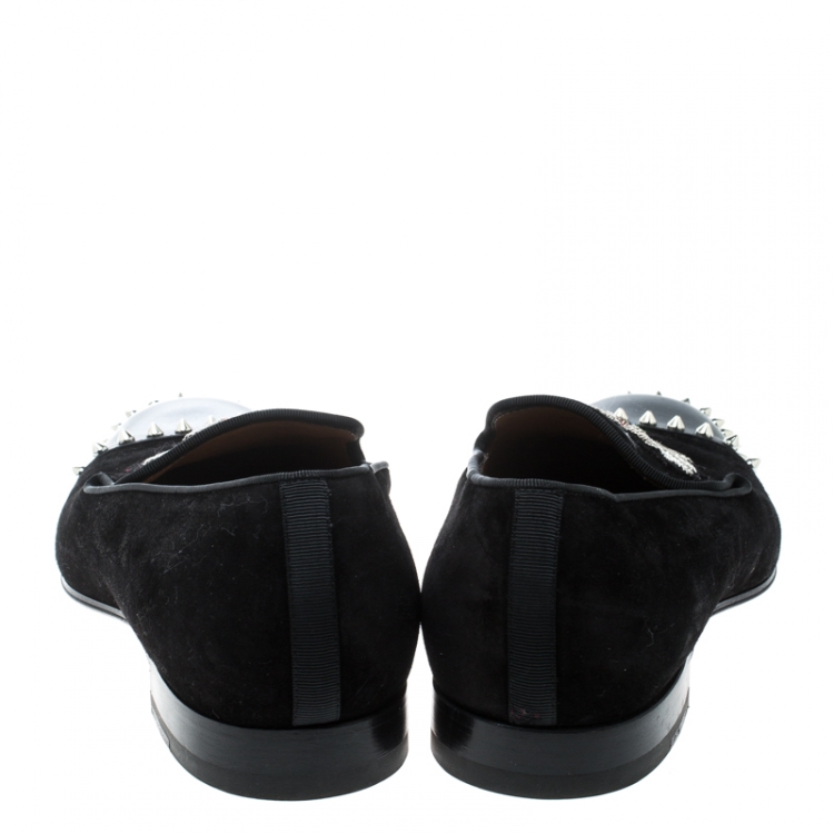 Pre Owned Christian Louboutin Black Suede and Leather Studded Flat Loafers Size 42