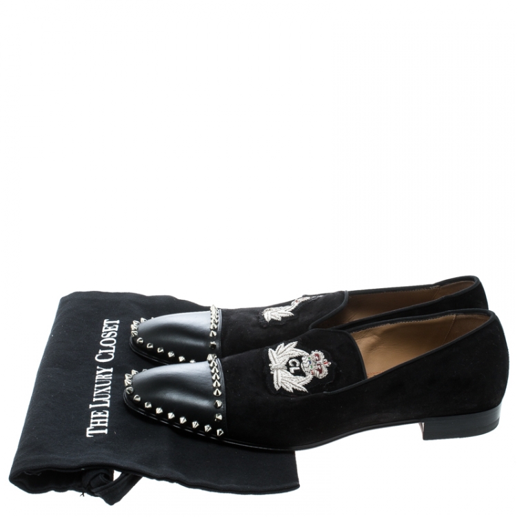 Pre Owned Christian Louboutin Black Suede and Leather Studded Flat Loafers Size 42