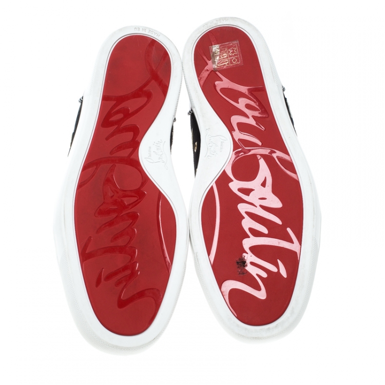 Pre Owned Christian Louboutin Black/Maroon Suede and Patent Leather Hand Embroidered High Top Sneakers Size 43