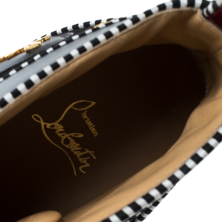 Pre Owned Christian Louboutin Black/Maroon Suede and Patent Leather Hand Embroidered High Top Sneakers Size 43