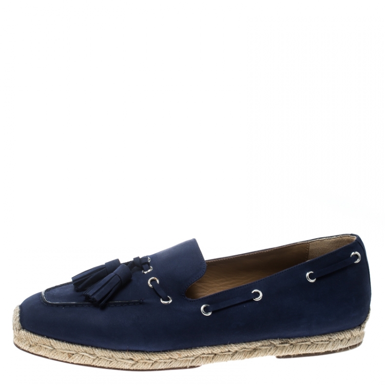 Pre Owned Christian Louboutin Blue Nubuck Leather Tassel Embellished Espadrilles Loafers Size 42