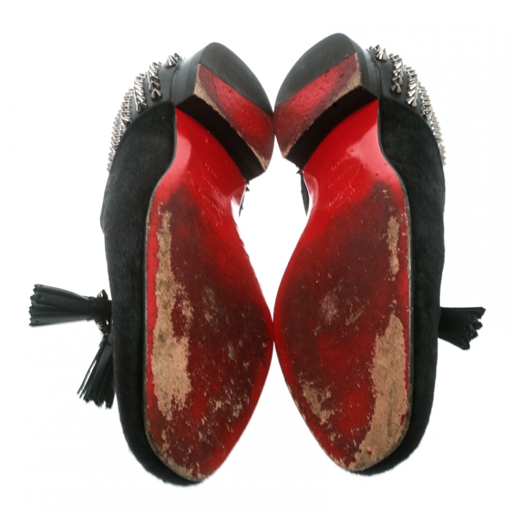 Pre Owned Christian Louboutin Black Pony Hair Leather Tassel Detail Spike Loafers Size 42.5
