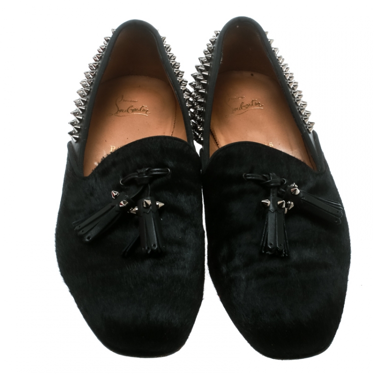 Pre Owned Christian Louboutin Black Pony Hair Leather Tassel Detail Spike Loafers Size 42.5