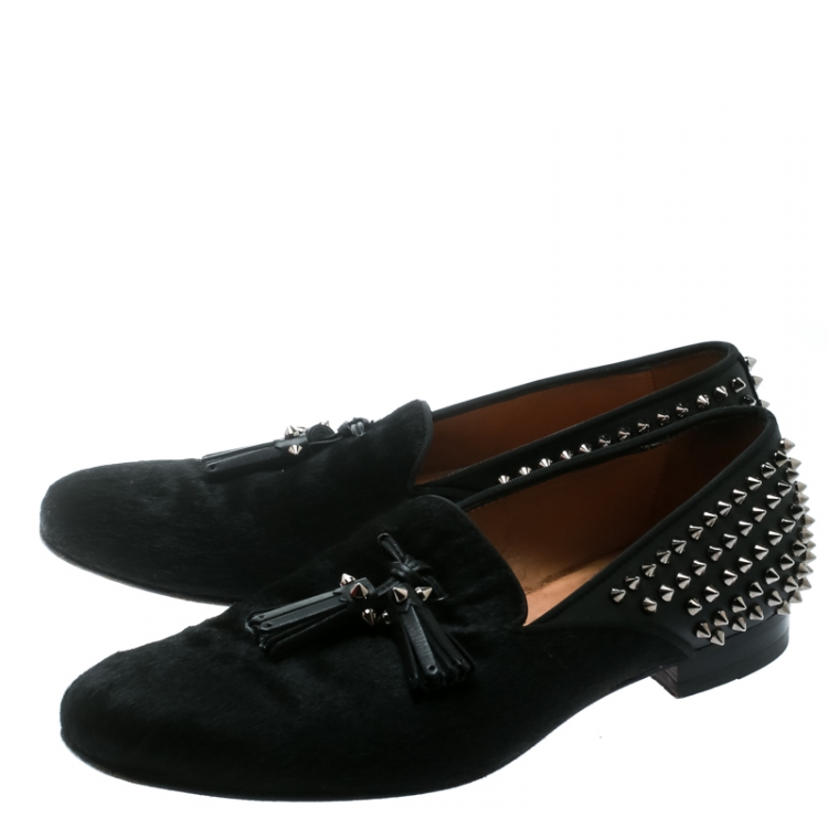 Pre Owned Christian Louboutin Black Pony Hair Leather Tassel Detail Spike Loafers Size 42.5