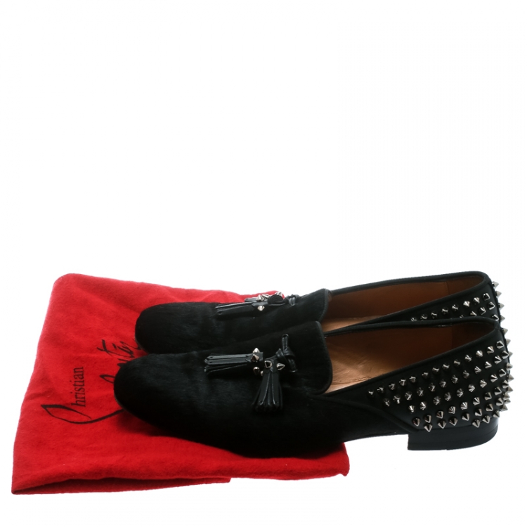 Pre Owned Christian Louboutin Black Pony Hair Leather Tassel Detail Spike Loafers Size 42.5