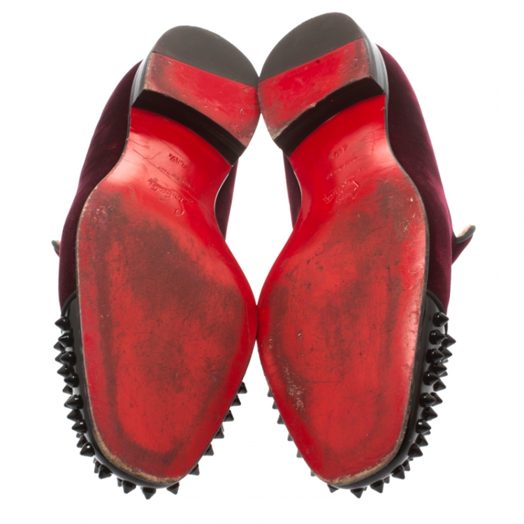 Pre Owned Christian Louboutin Burgundy Velvet And Patent Leather Spooky Spiked Toe Cap Smoking Slippers Size 41.5