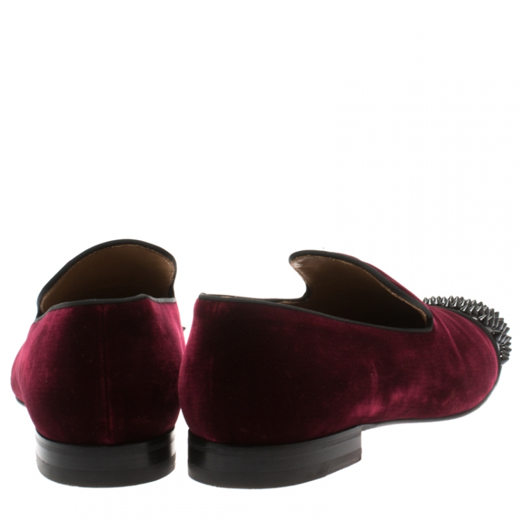 Pre Owned Christian Louboutin Burgundy Velvet And Patent Leather Spooky Spiked Toe Cap Smoking Slippers Size 41.5