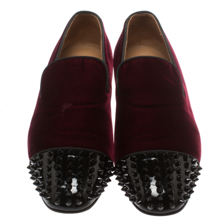 Pre Owned Christian Louboutin Burgundy Velvet And Patent Leather Spooky Spiked Toe Cap Smoking Slippers Size 41.5