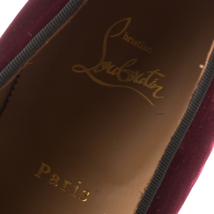 Pre Owned Christian Louboutin Burgundy Velvet And Patent Leather Spooky Spiked Toe Cap Smoking Slippers Size 41.5