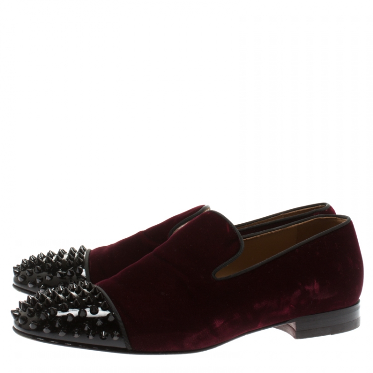 Pre Owned Christian Louboutin Burgundy Velvet And Patent Leather Spooky Spiked Toe Cap Smoking Slippers Size 41.5