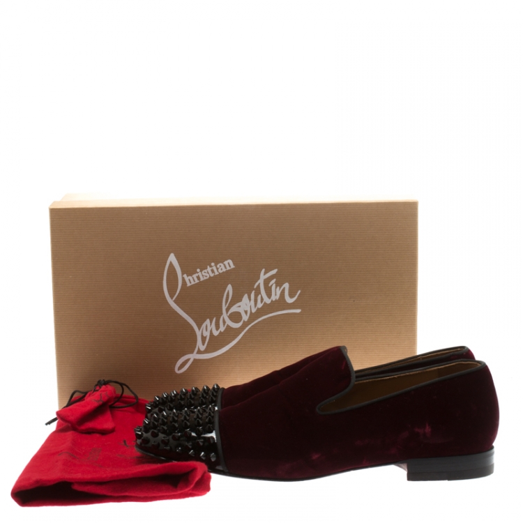 Pre Owned Christian Louboutin Burgundy Velvet And Patent Leather Spooky Spiked Toe Cap Smoking Slippers Size 41.5