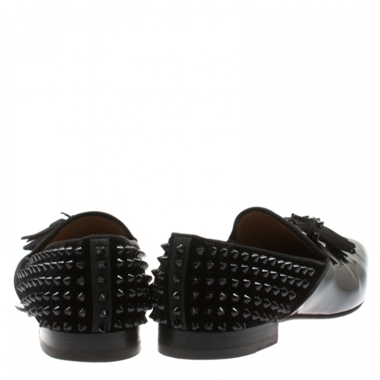 Pre Owned Christian Louboutin Black Patent Leather Tassel Detail Spike Loafers Size 41.5
