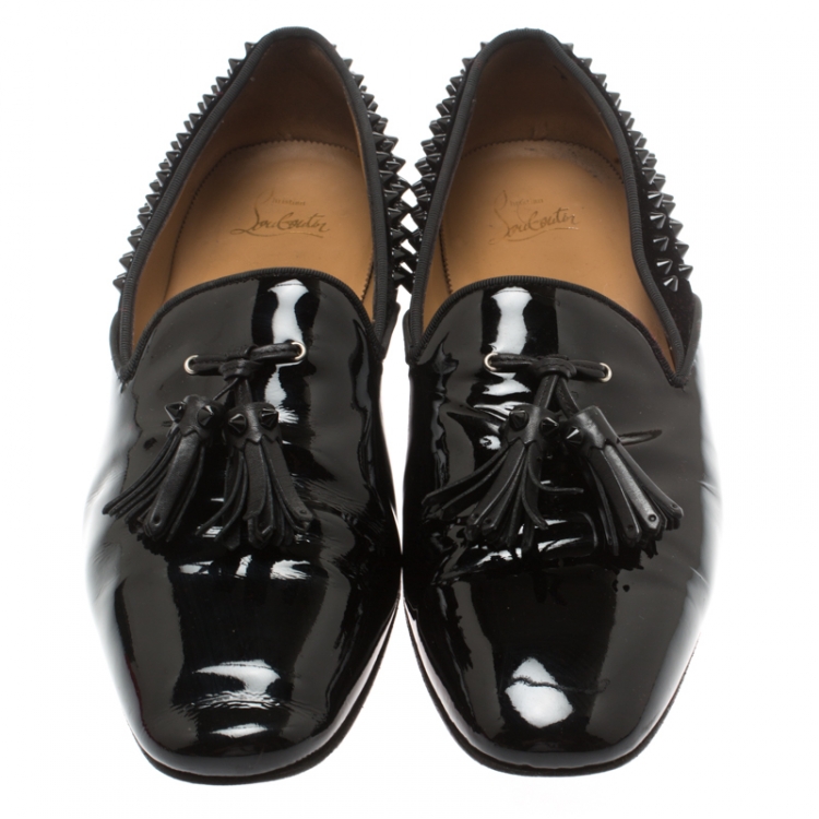 Pre Owned Christian Louboutin Black Patent Leather Tassel Detail Spike Loafers Size 41.5