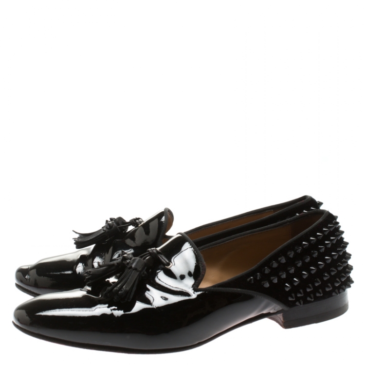 Pre Owned Christian Louboutin Black Patent Leather Tassel Detail Spike Loafers Size 41.5