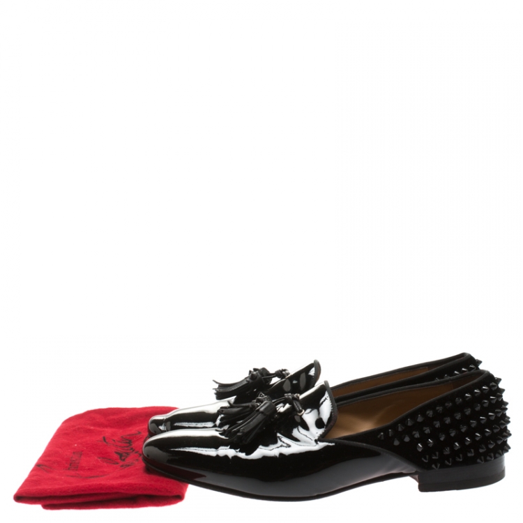 Pre Owned Christian Louboutin Black Patent Leather Tassel Detail Spike Loafers Size 41.5