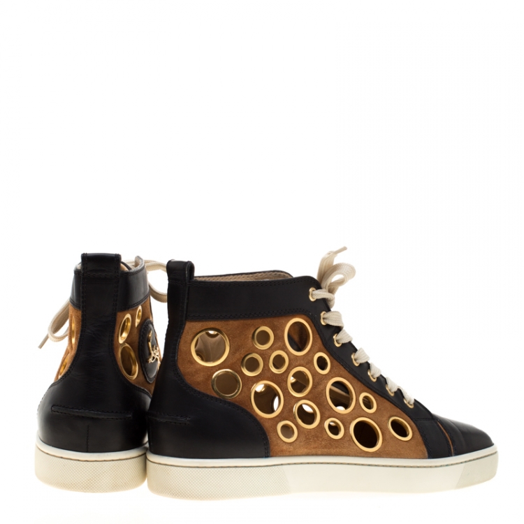 Pre Owned  Christian Louboutin Black Leather And Brown Suede Mika On Stage High Top Sneakers Size 40.5