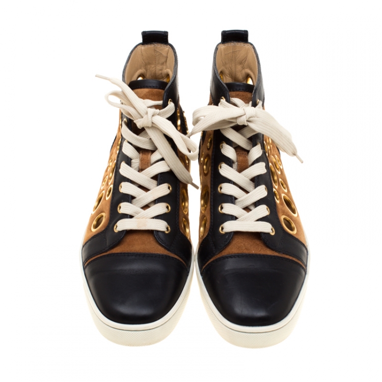Pre Owned  Christian Louboutin Black Leather And Brown Suede Mika On Stage High Top Sneakers Size 40.5