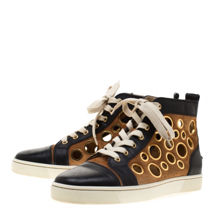 Pre Owned  Christian Louboutin Black Leather And Brown Suede Mika On Stage High Top Sneakers Size 40.5